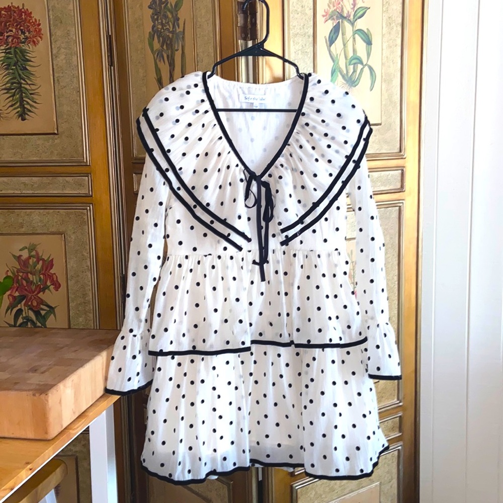 Sofie the Label Polka Dot Tiered Dress. Fully lined, bow tie detail and collar